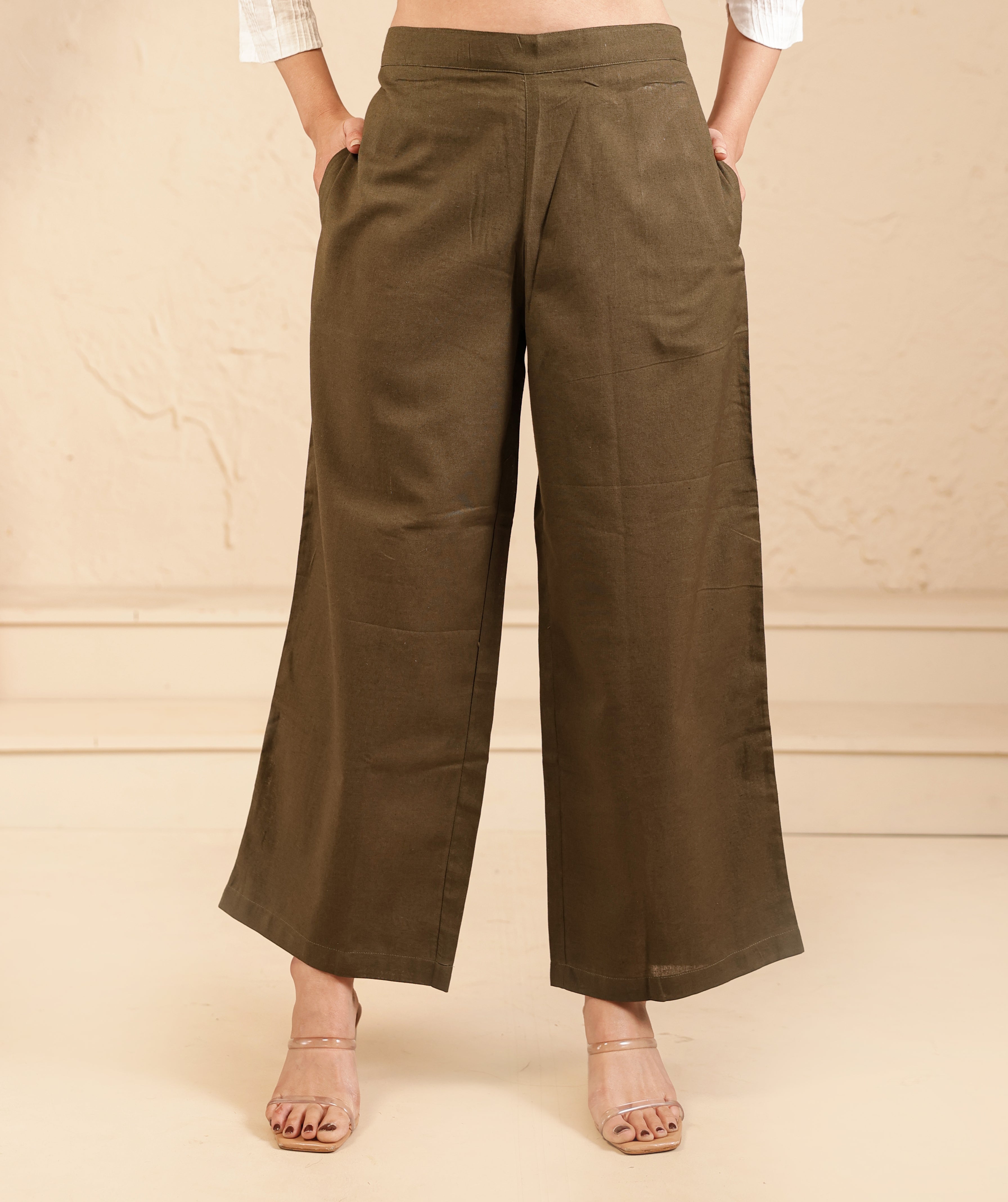 Olive Green Airy Linen Wide Leg Pant