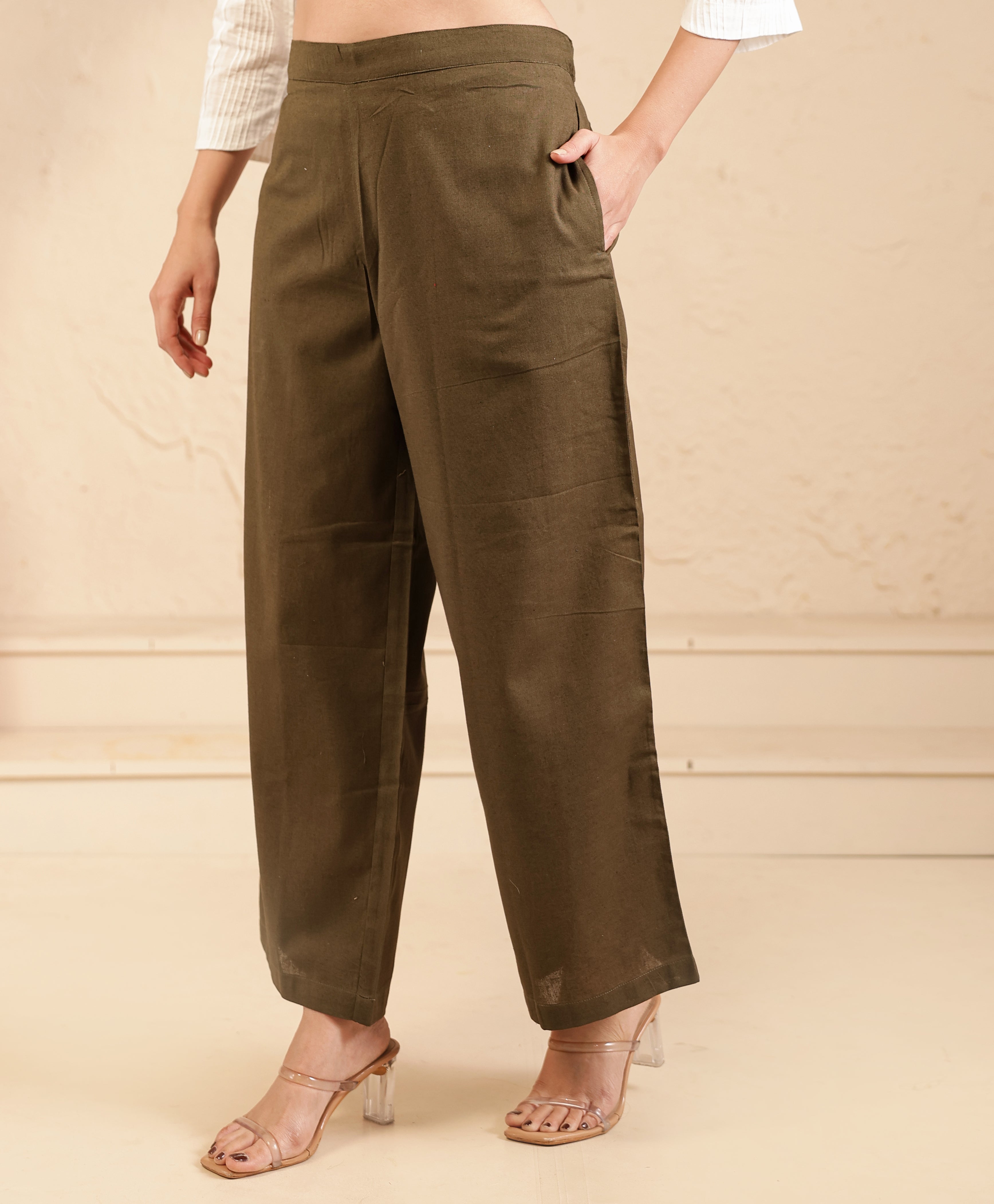 Olive Green Airy Linen Wide Leg Pant