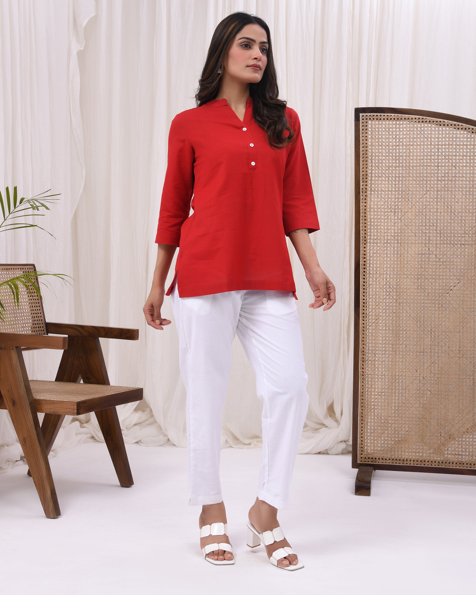 Fiery Red Airy Linen Short Kurta