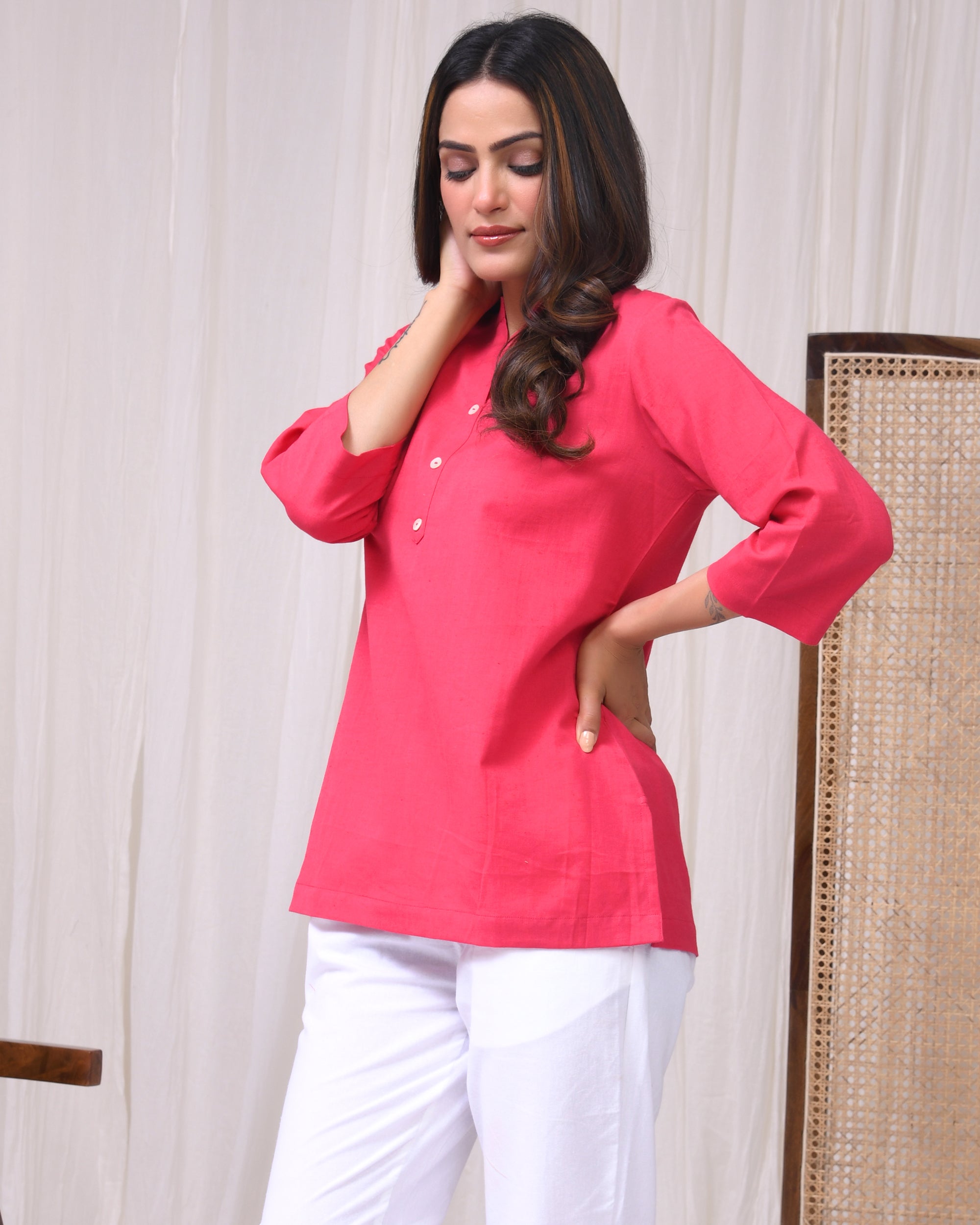 Bubble Gum Pink Airy Linen Short Kurta