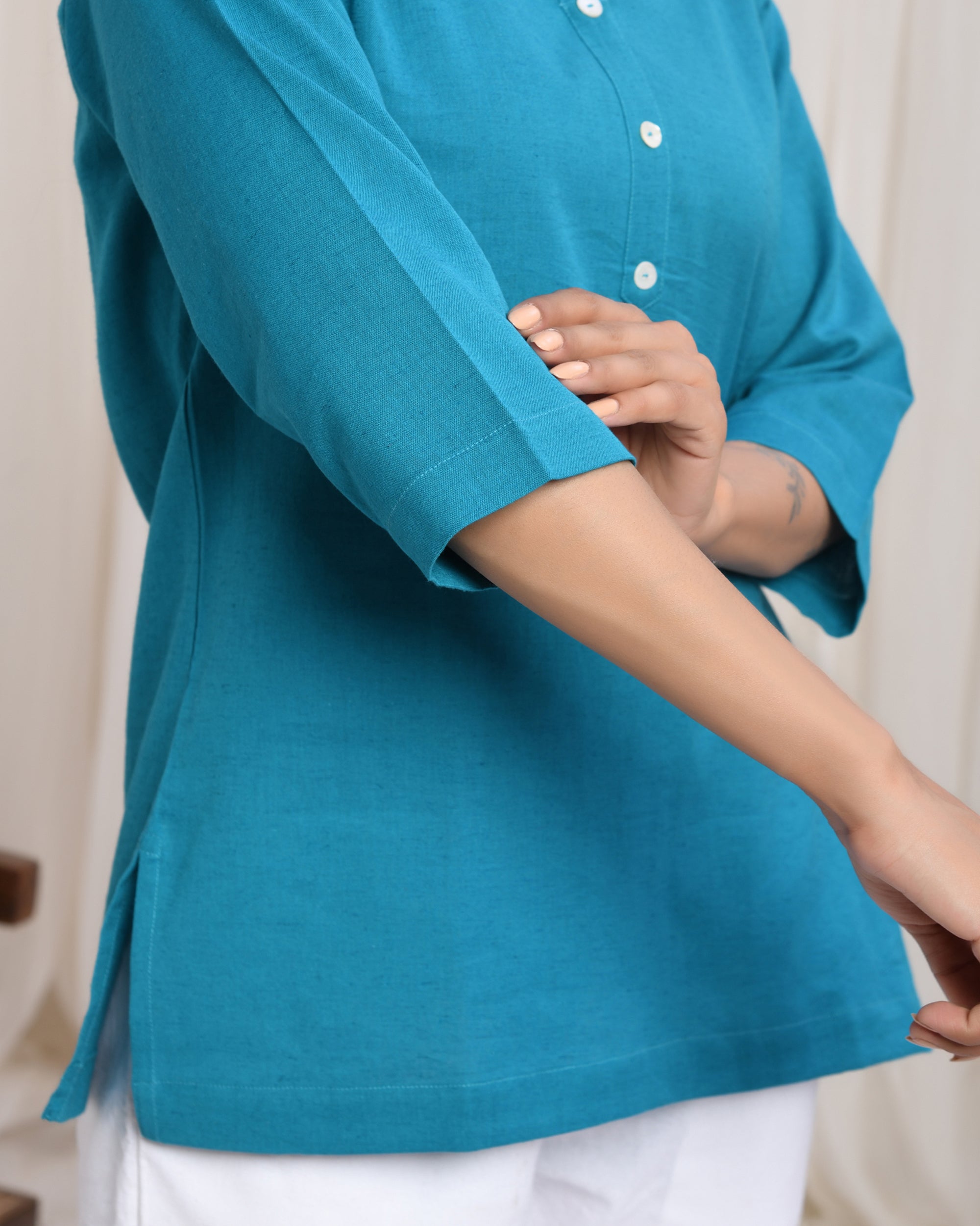 Turquoise Airy Linen Short Kurta