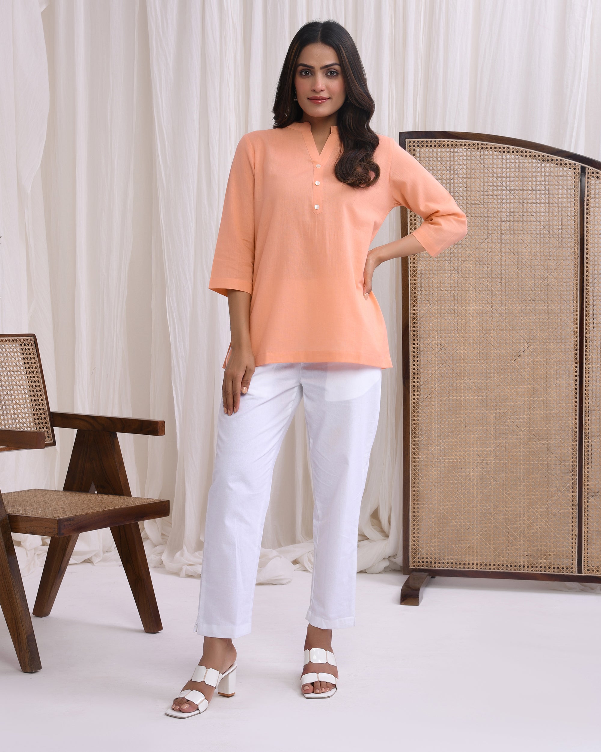 Peach Airy Linen Short Kurta
