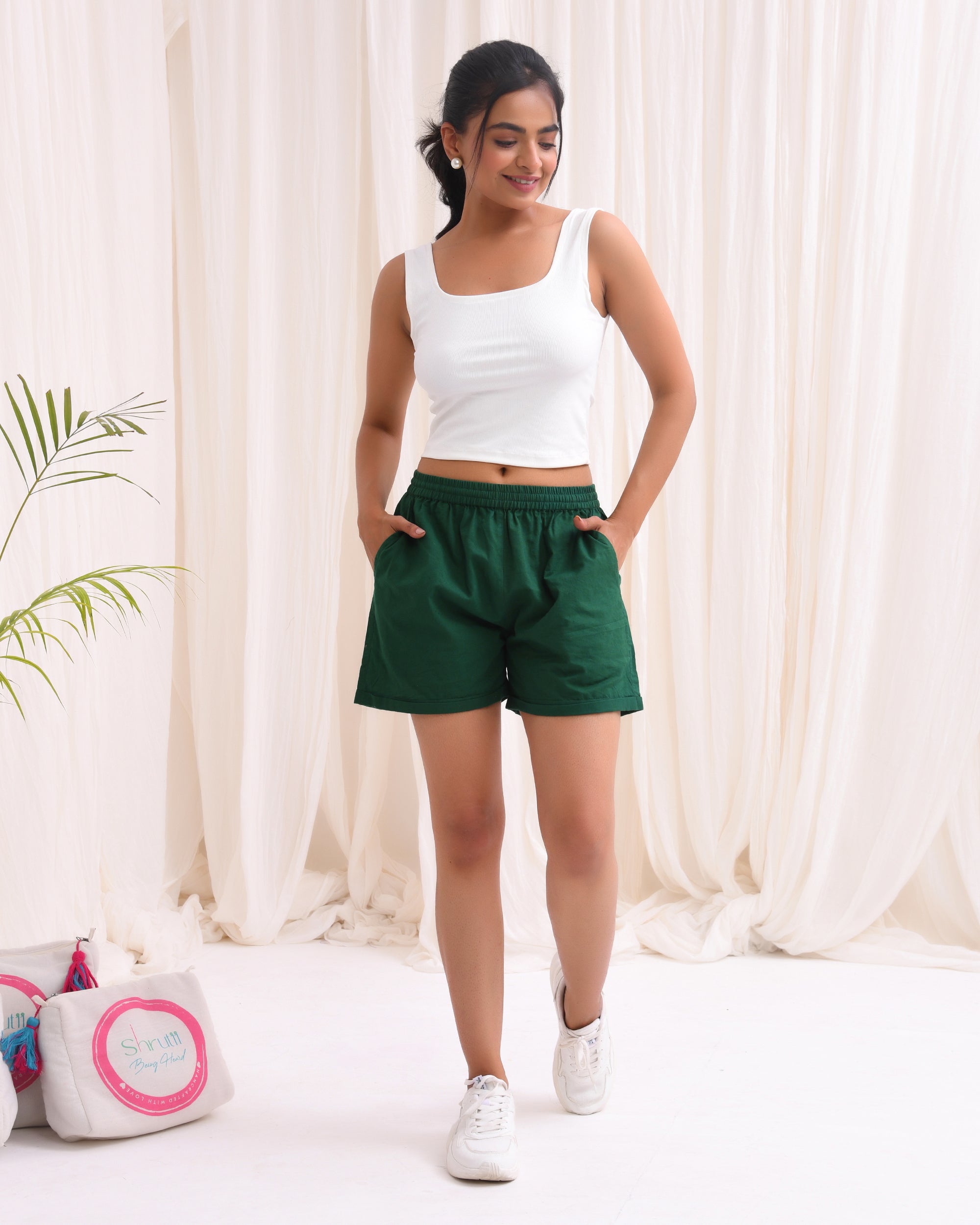 Bottle Green Cotton Shorts