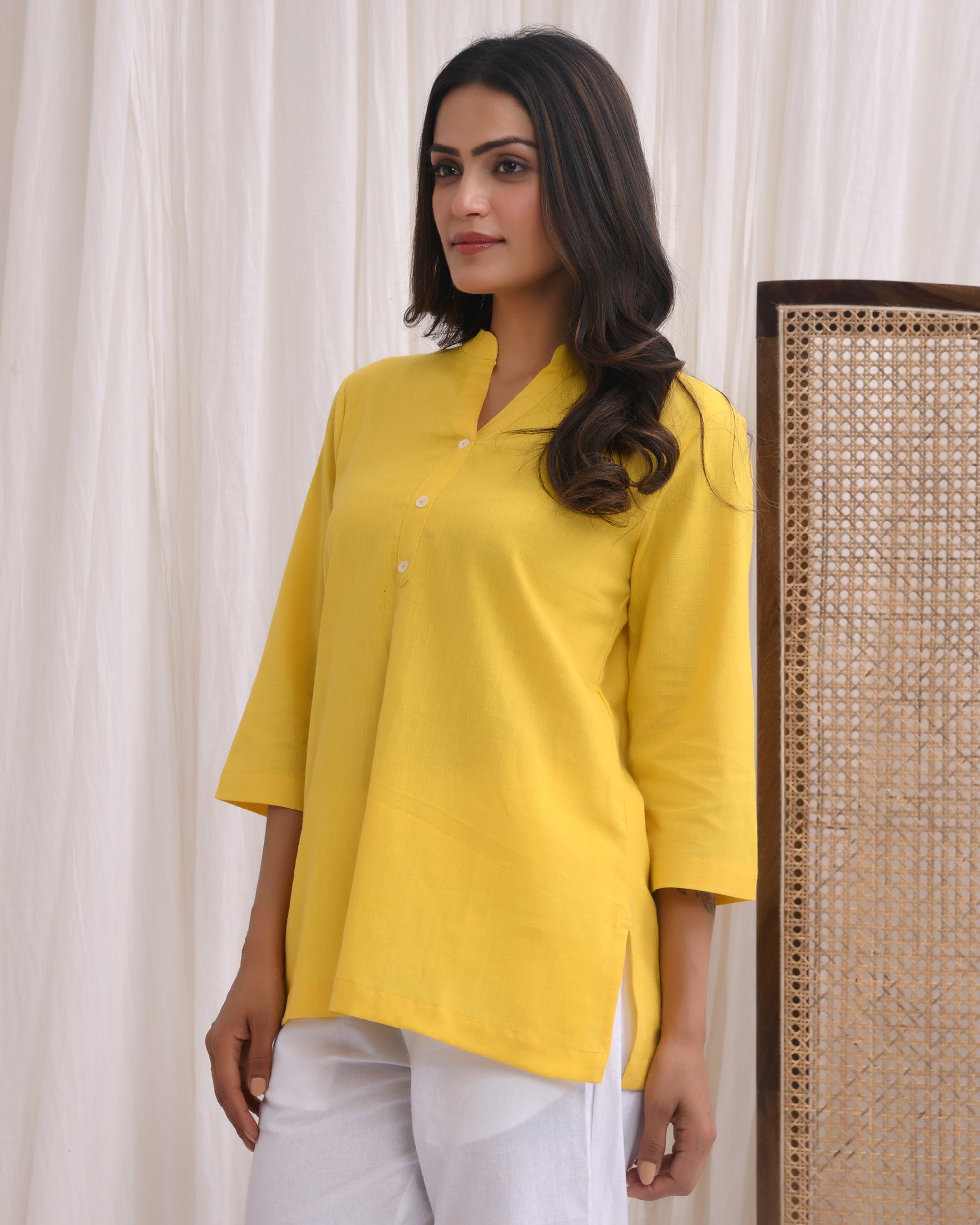Yellow Airy Linen Short Kurta
