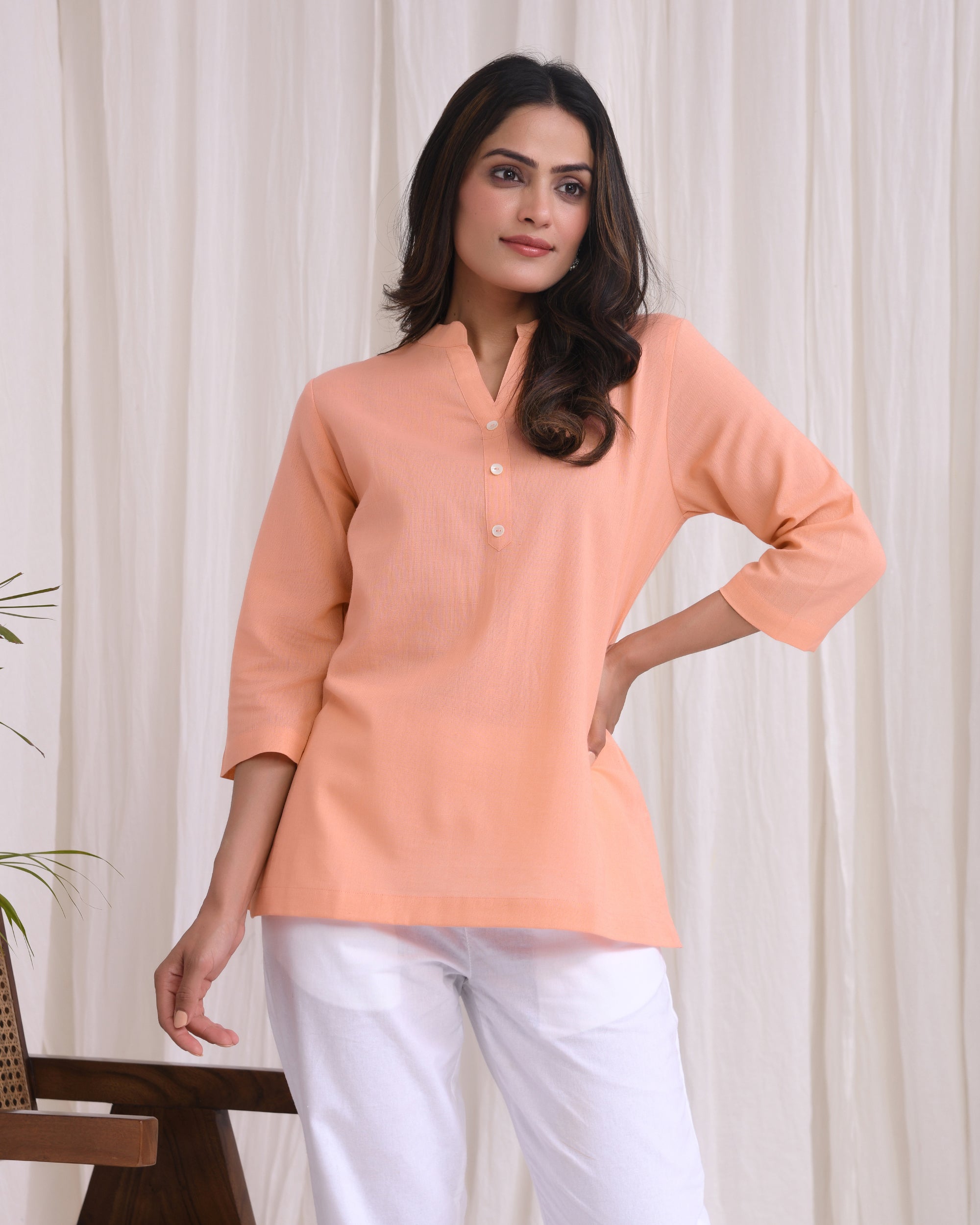 Peach Airy Linen Short Kurta