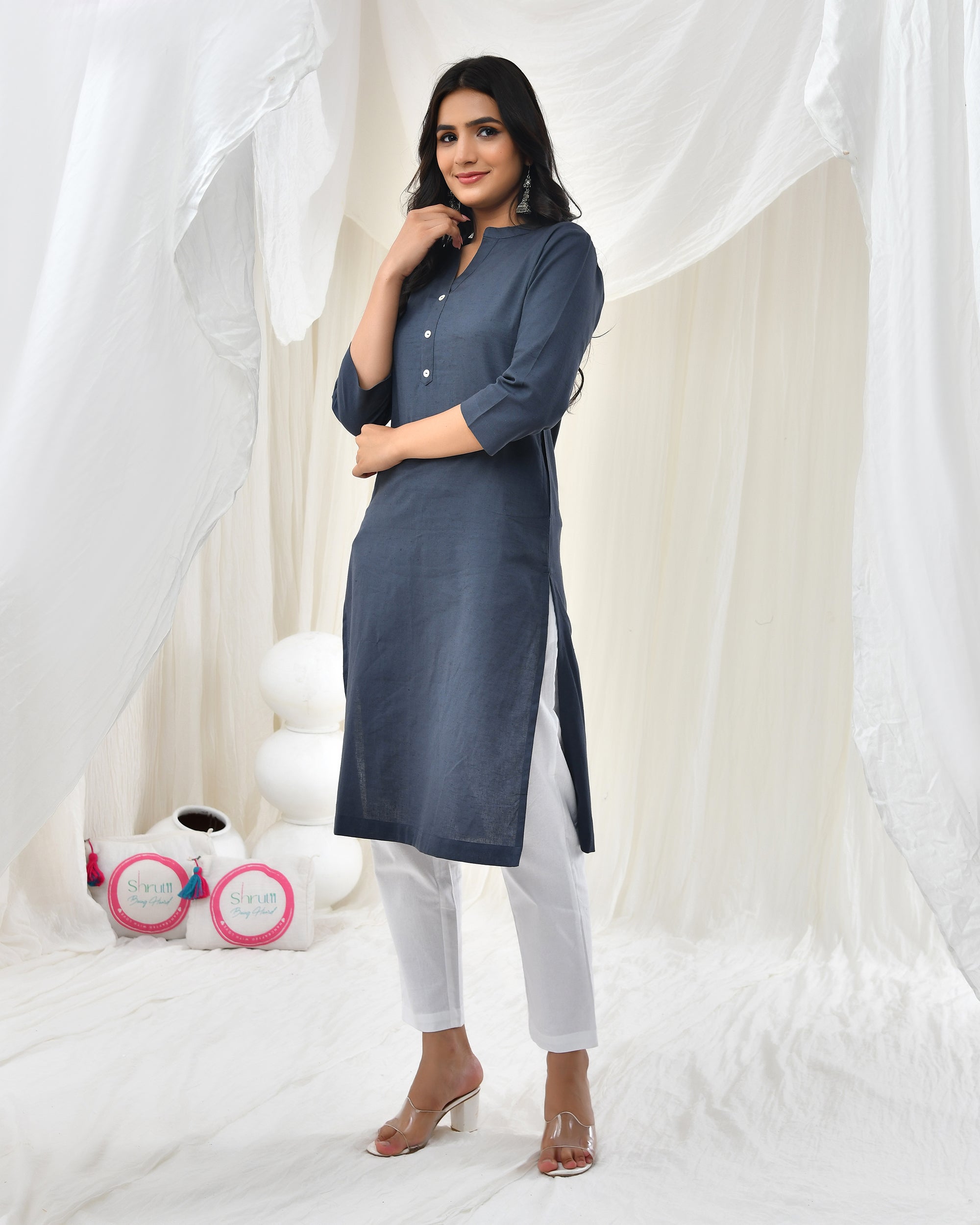 Cement Grey Airy Linen Long Kurta