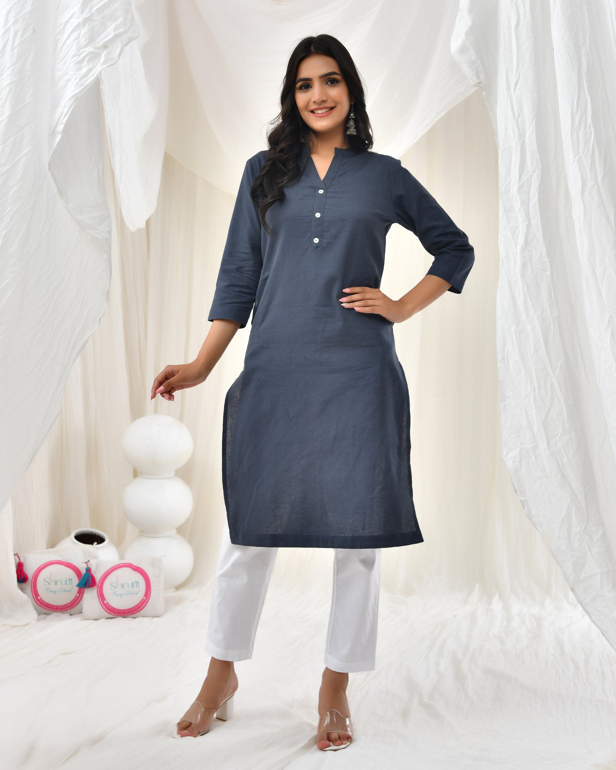 Cement Grey Airy Linen Long Kurta