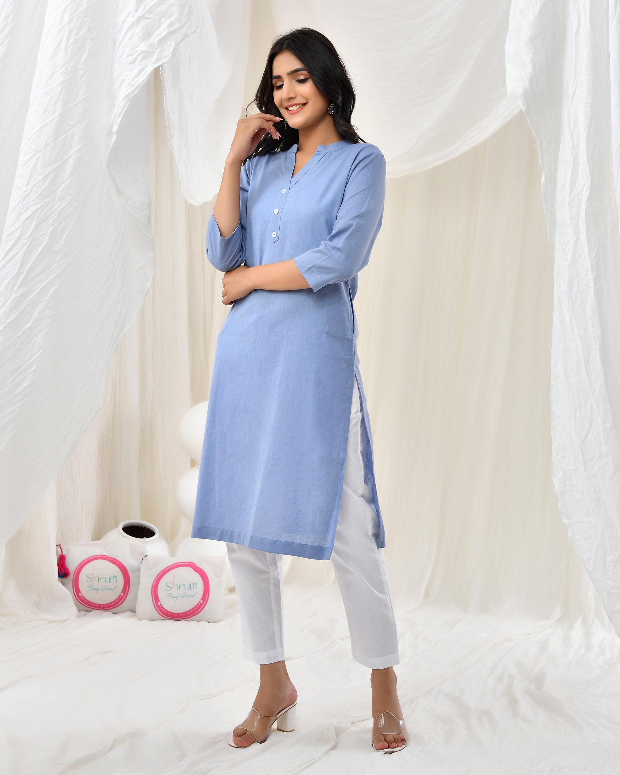 Sky Blue Airy Linen Long Kurta