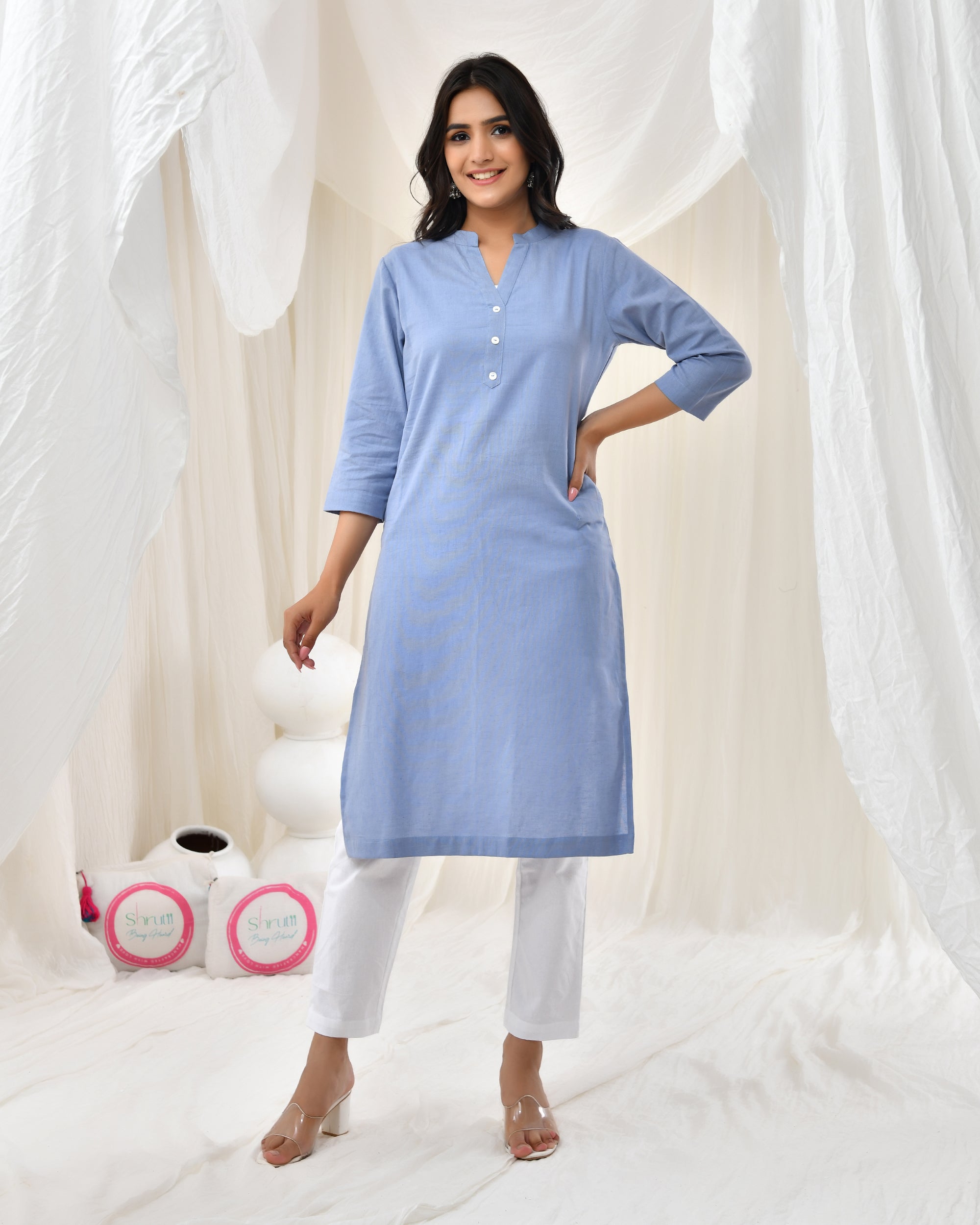 Sky Blue Airy Linen Long Kurta
