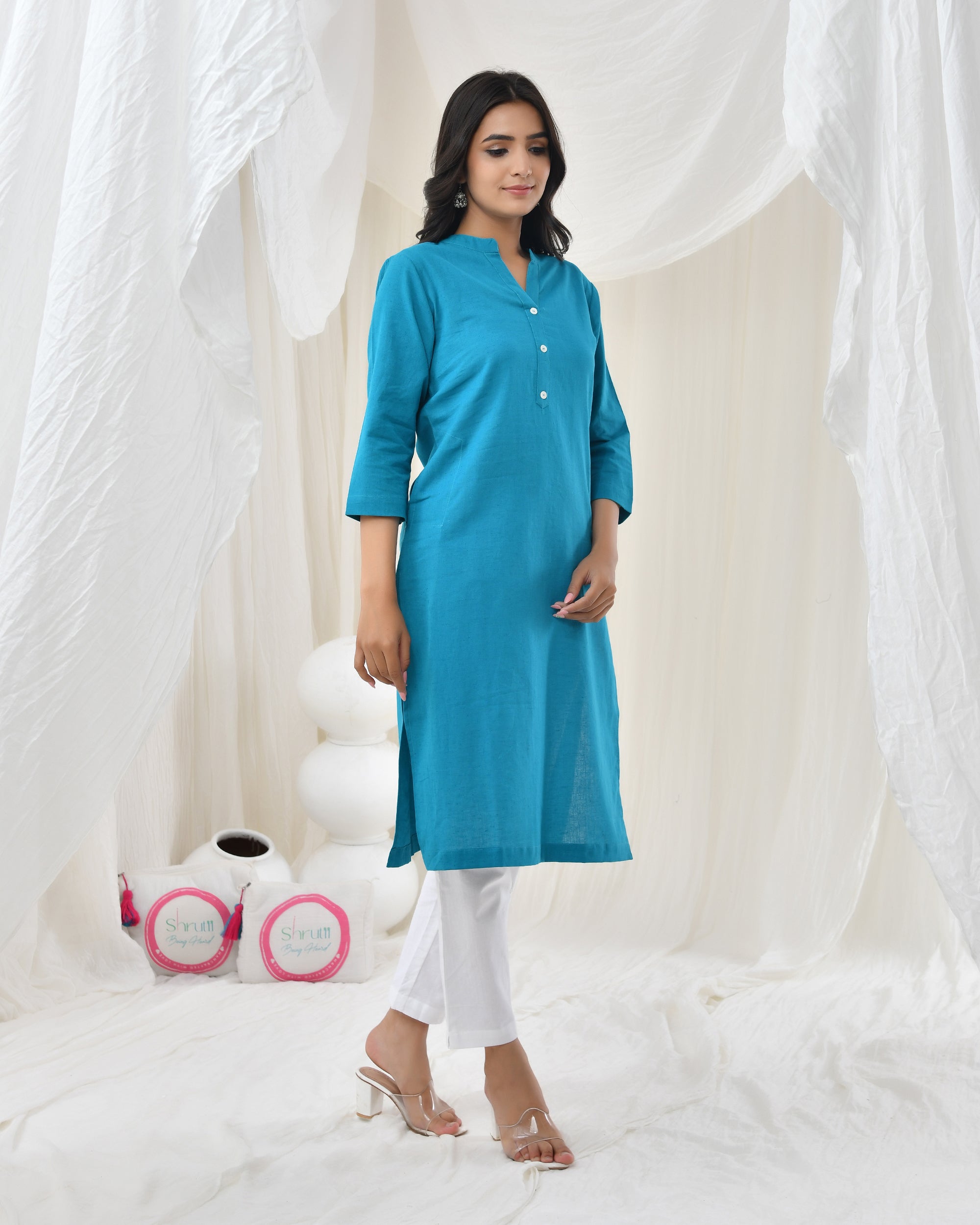 Turquoise Airy Linen Long Kurta