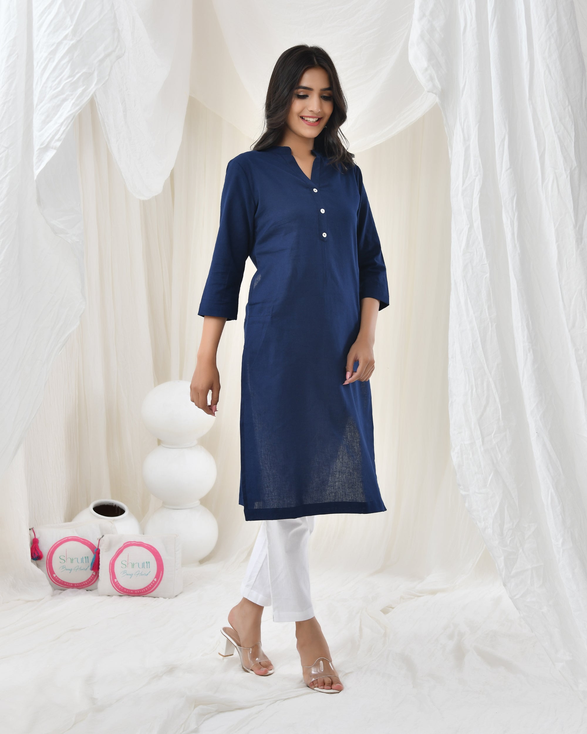 Navy Blue Airy Linen Long Kurta