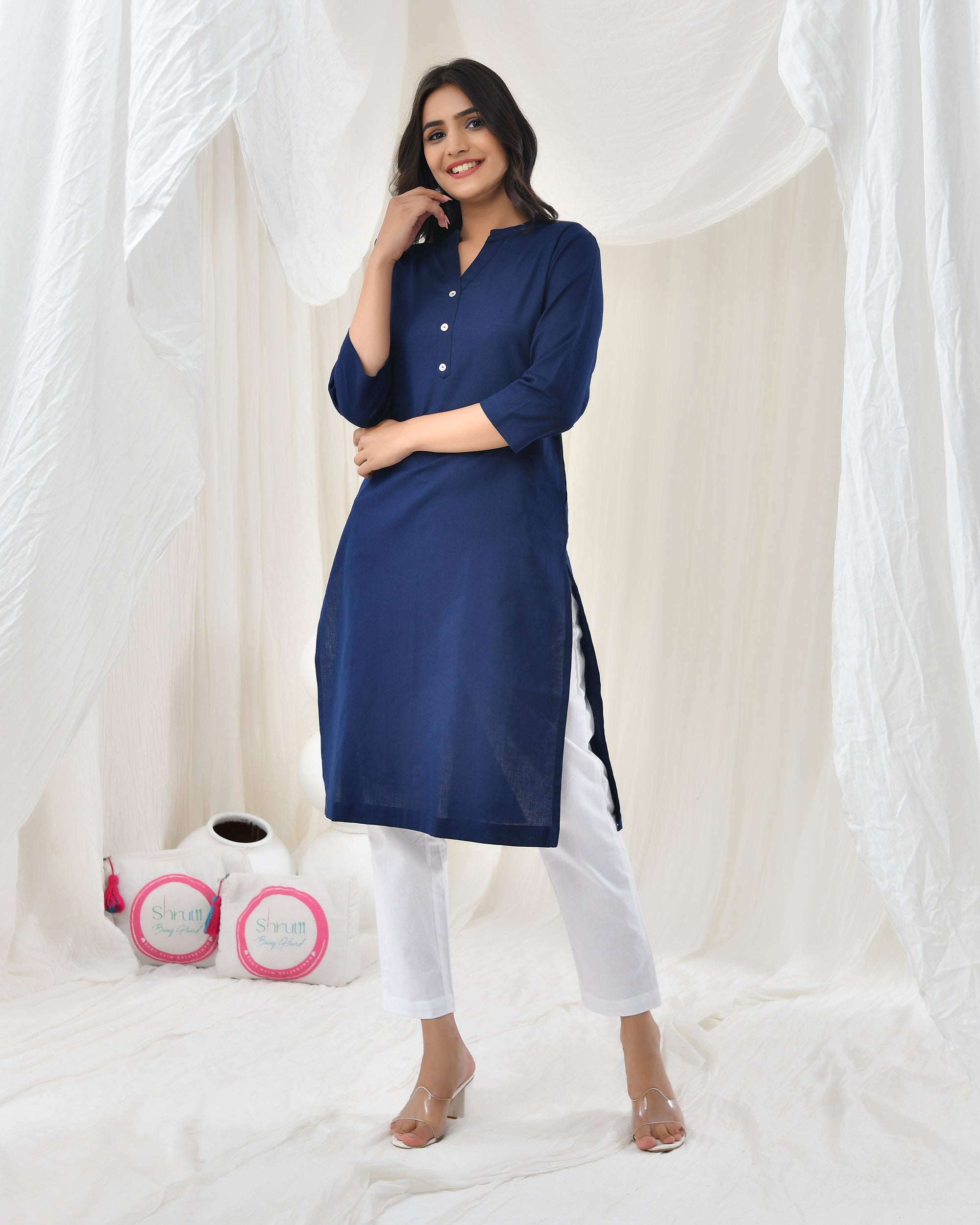 Navy Blue Airy Linen Long Kurta