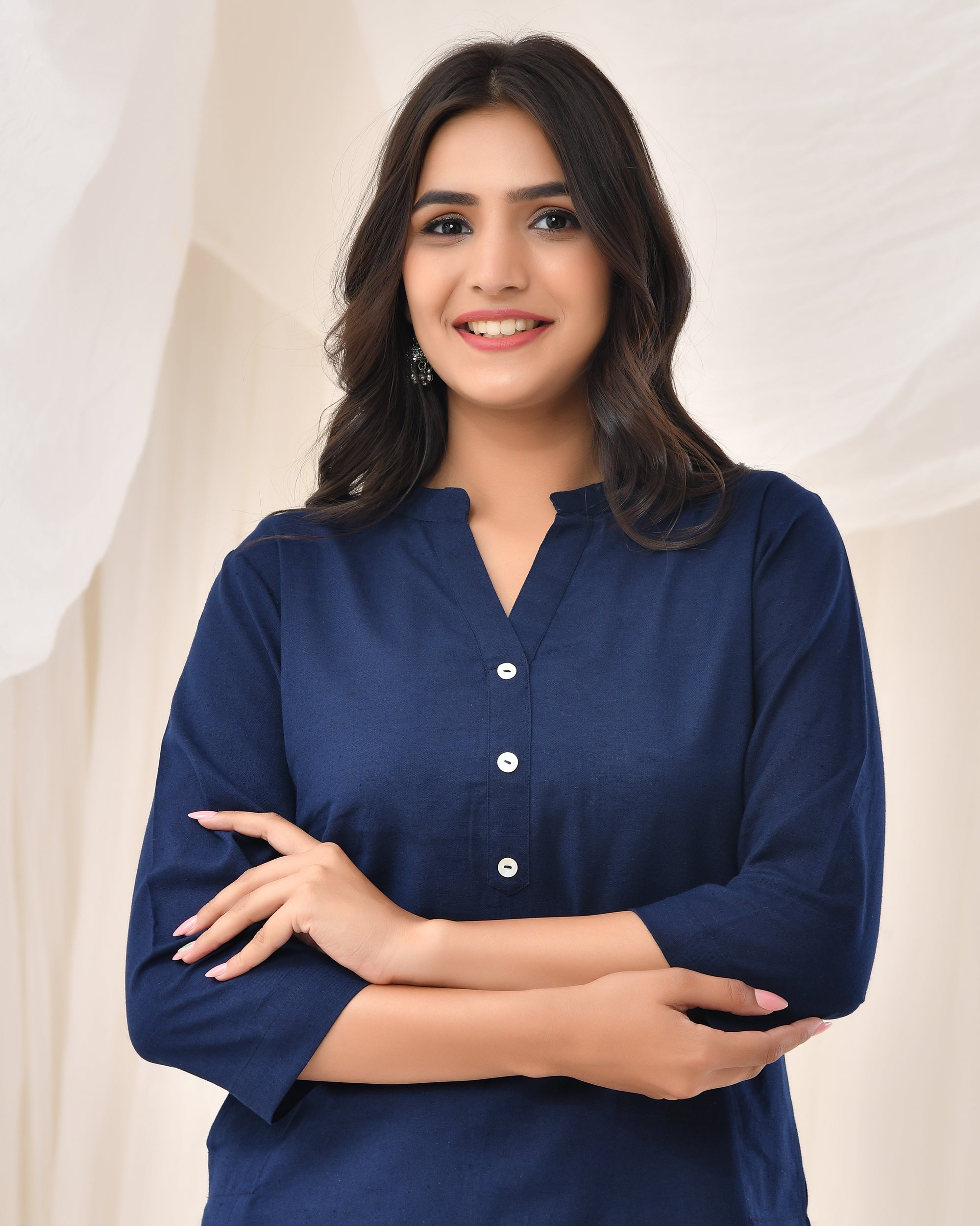 Navy Blue Airy Linen Long Kurta