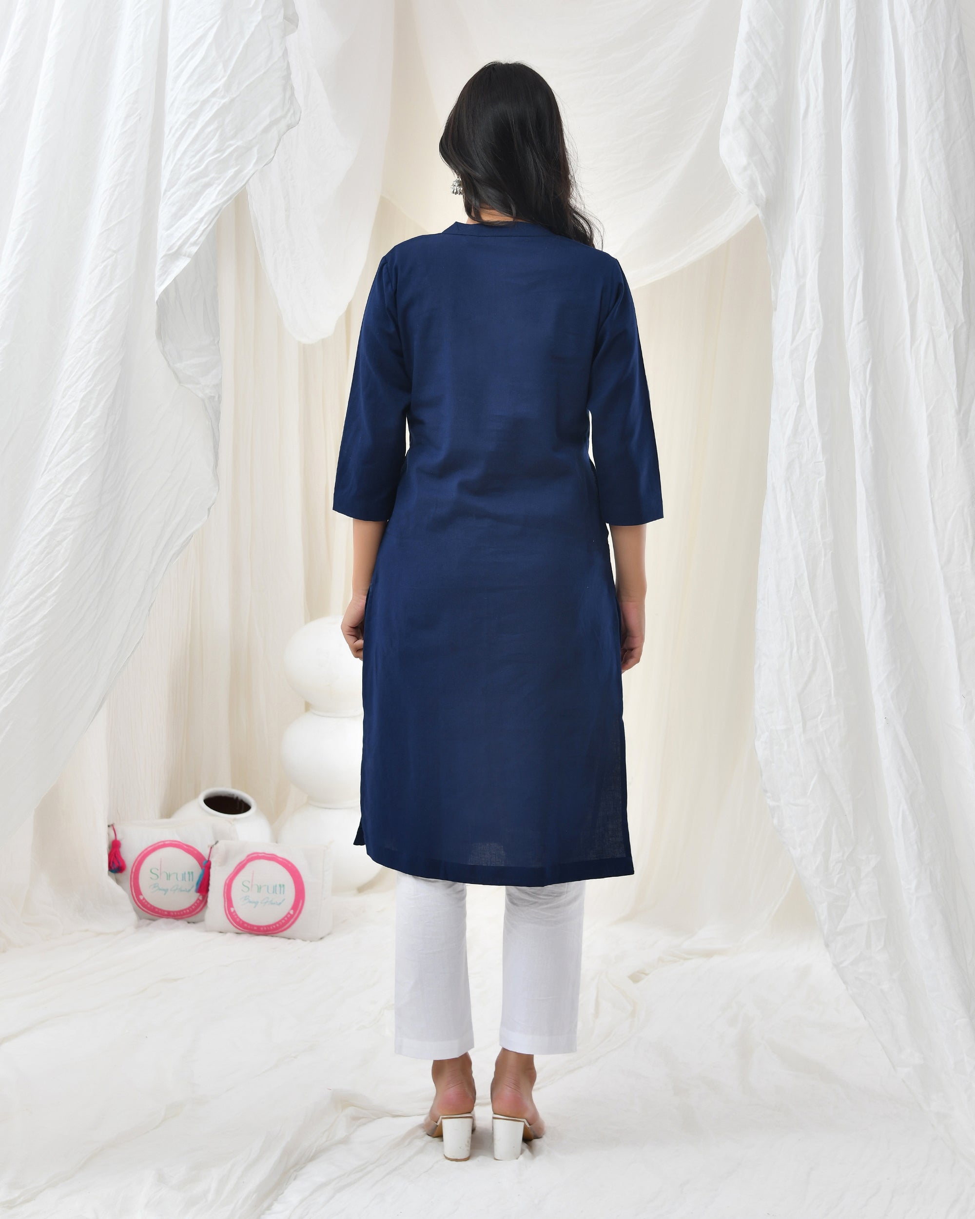 Navy Blue Airy Linen Long Kurta