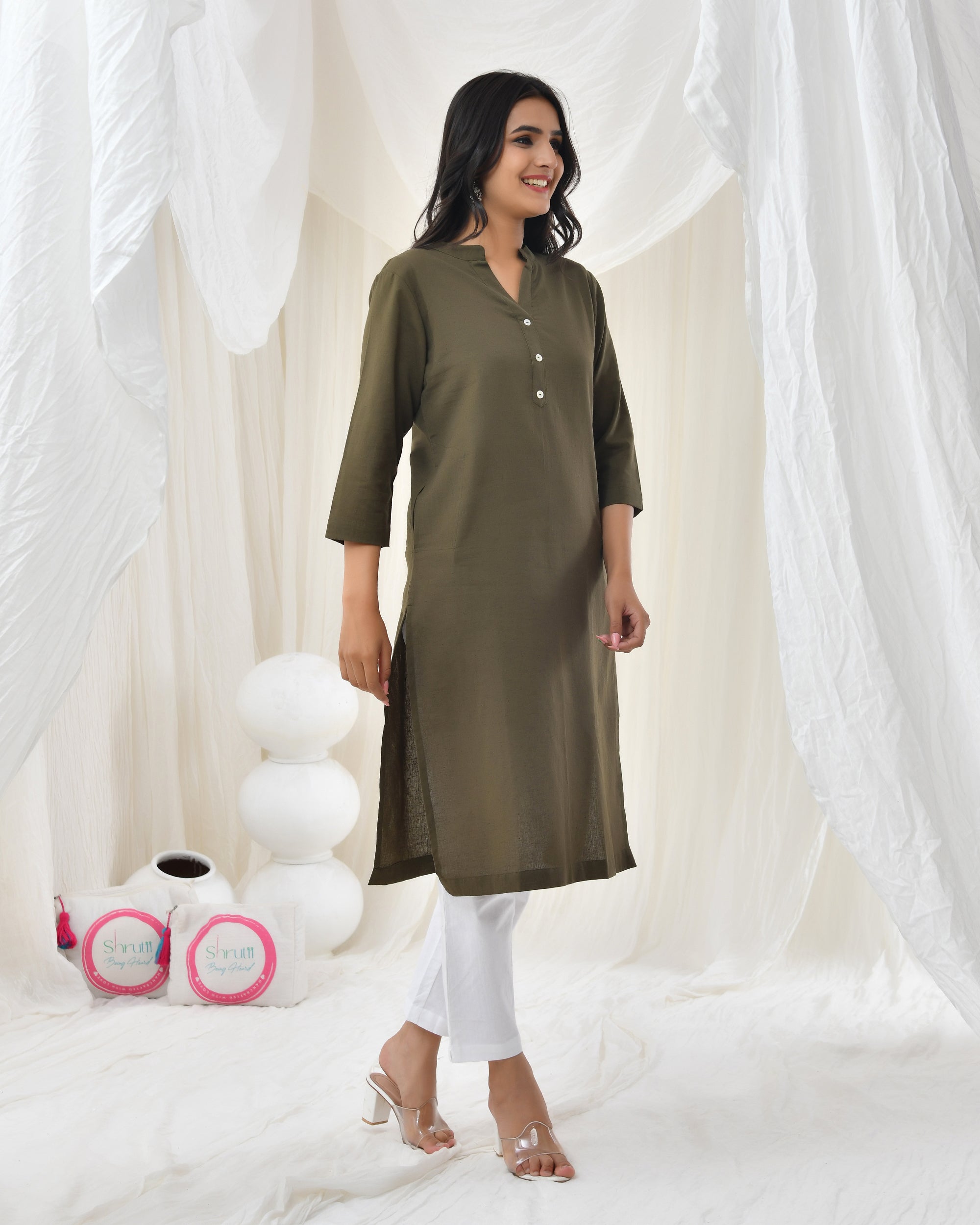 Olive Green Airy Linen Long Kurta