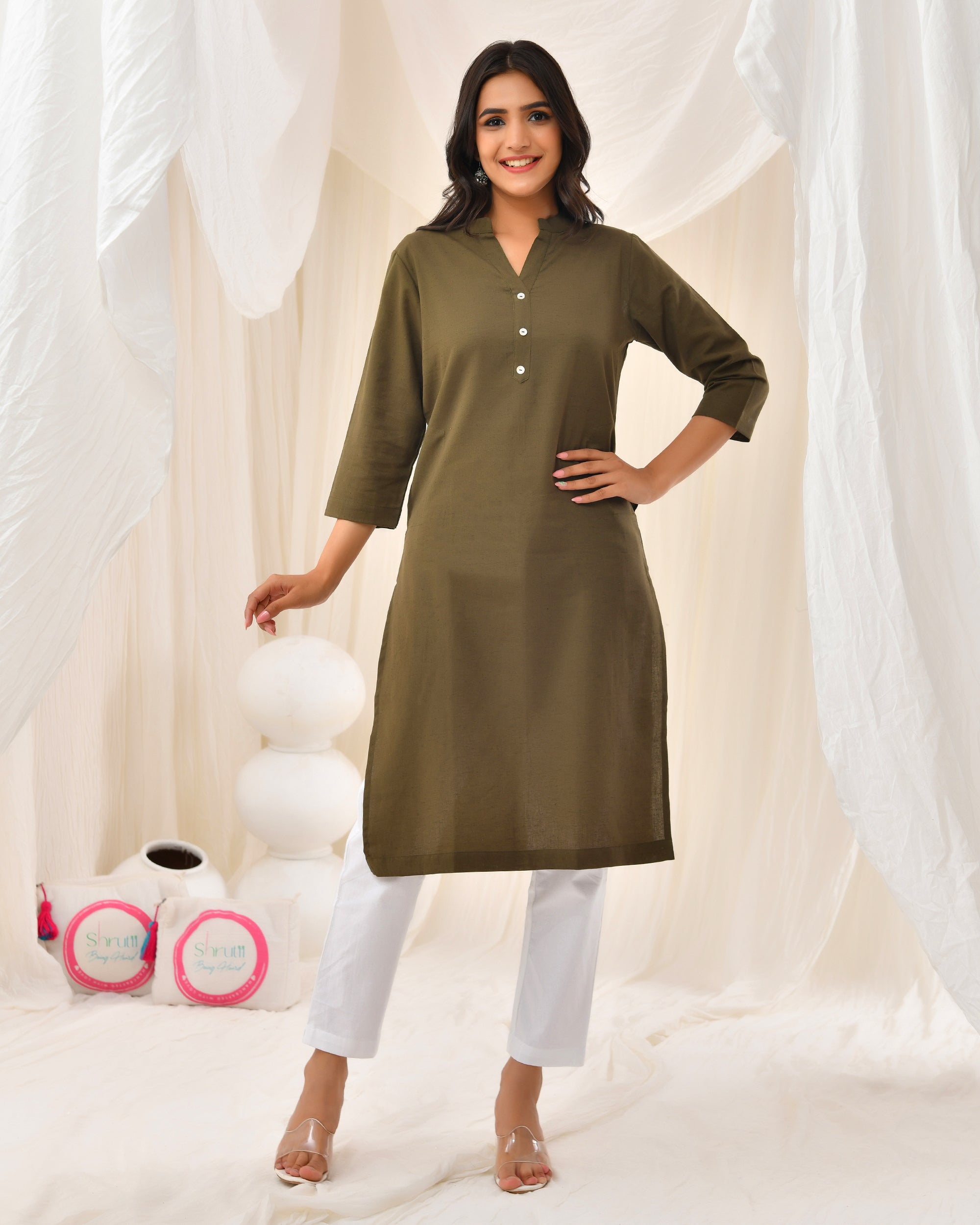 Olive Green Airy Linen Long Kurta