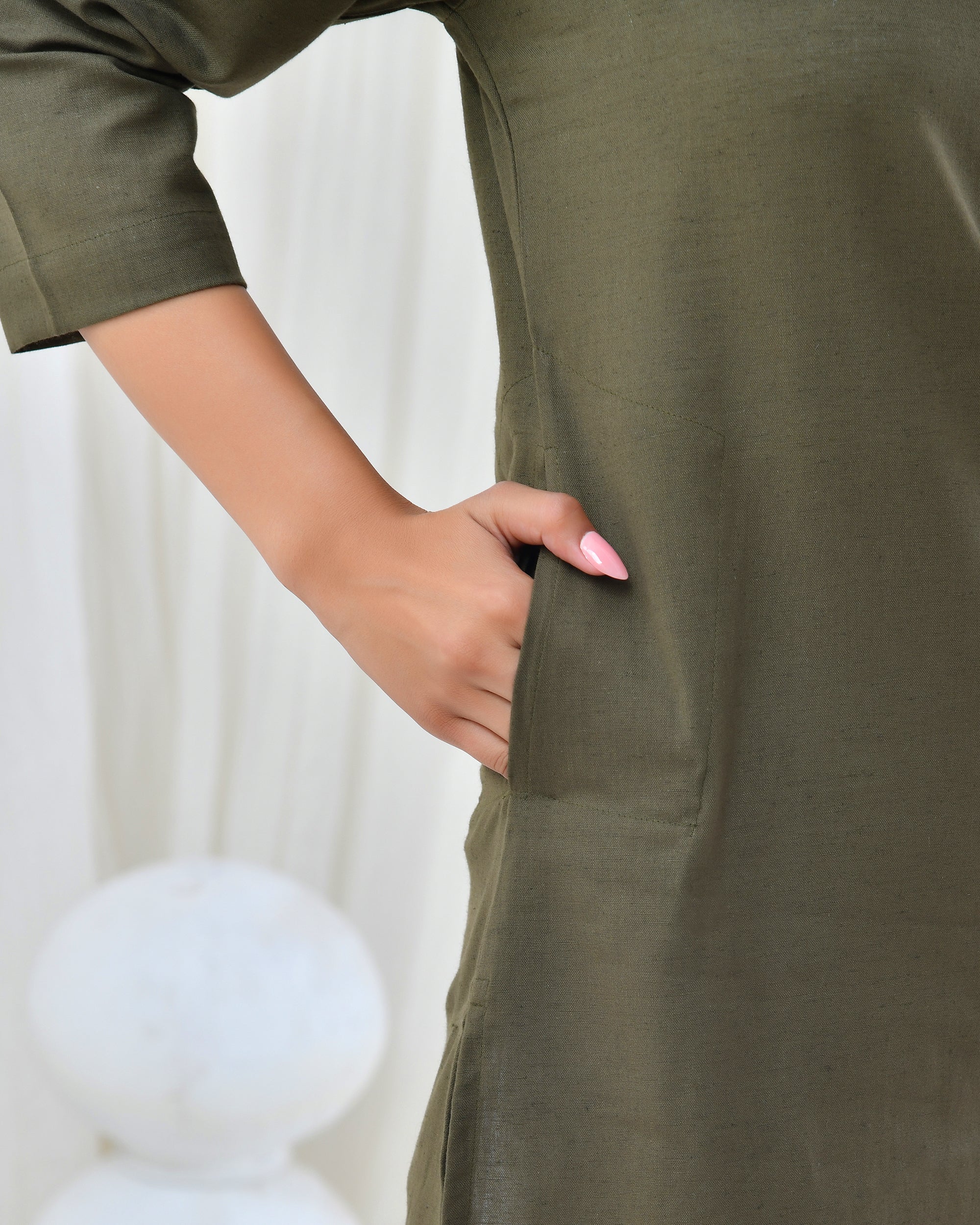 Olive Green Airy Linen Long Kurta