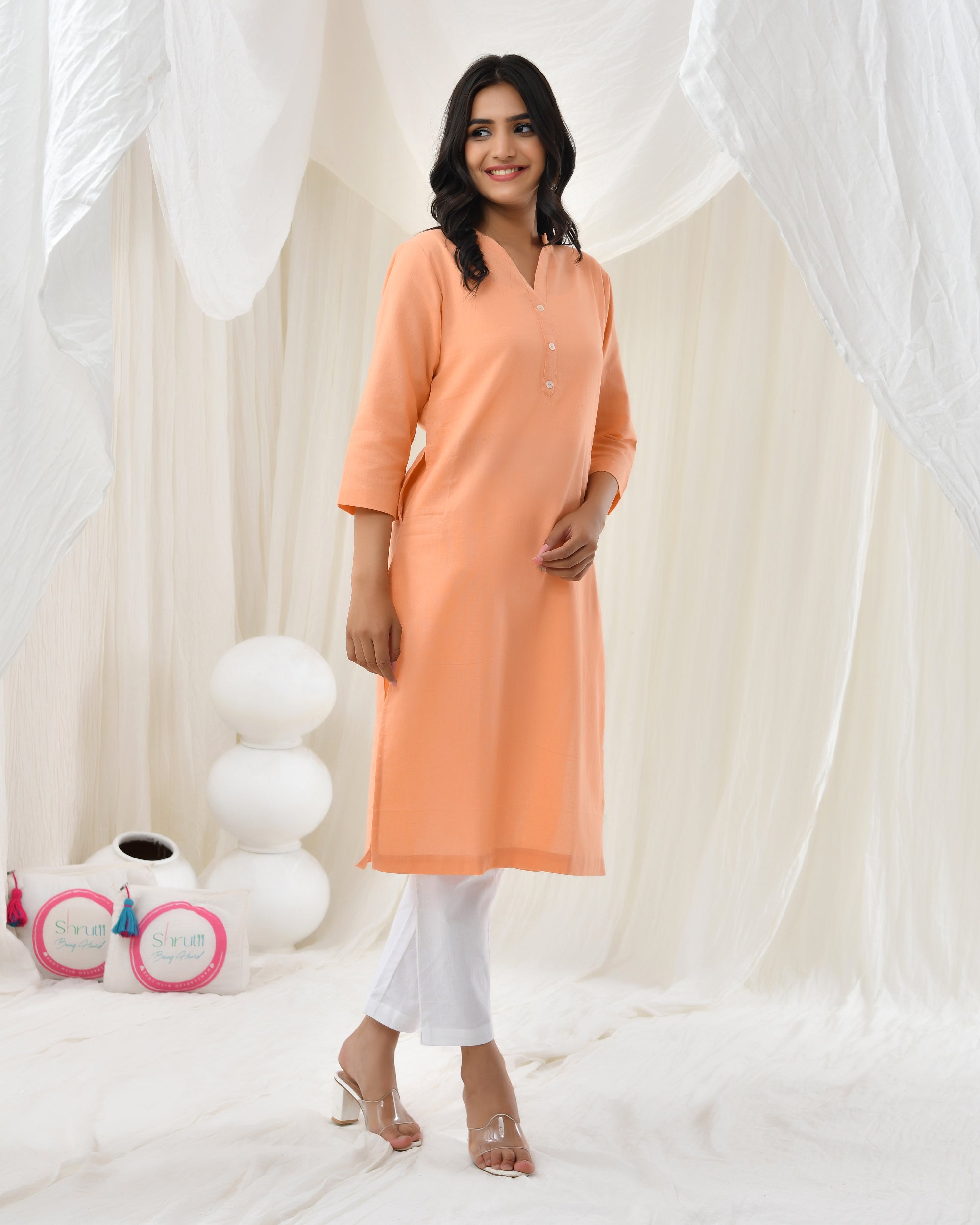Peach Airy Linen Long Kurta