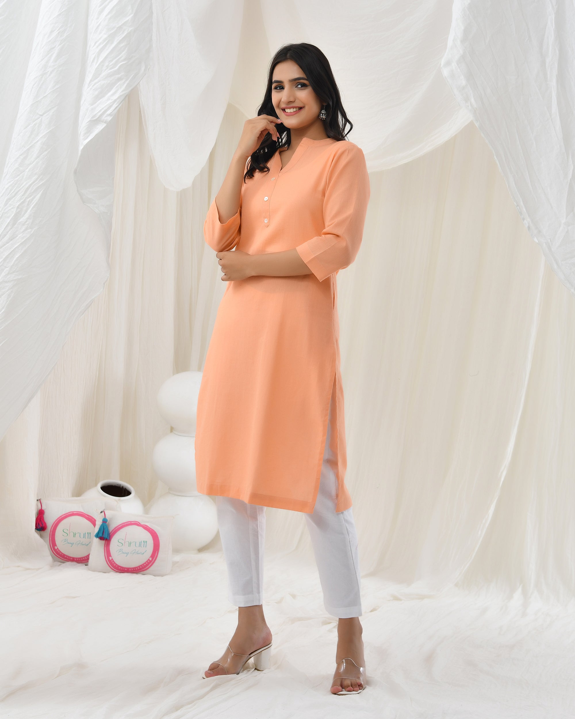 Peach Airy Linen Long Kurta