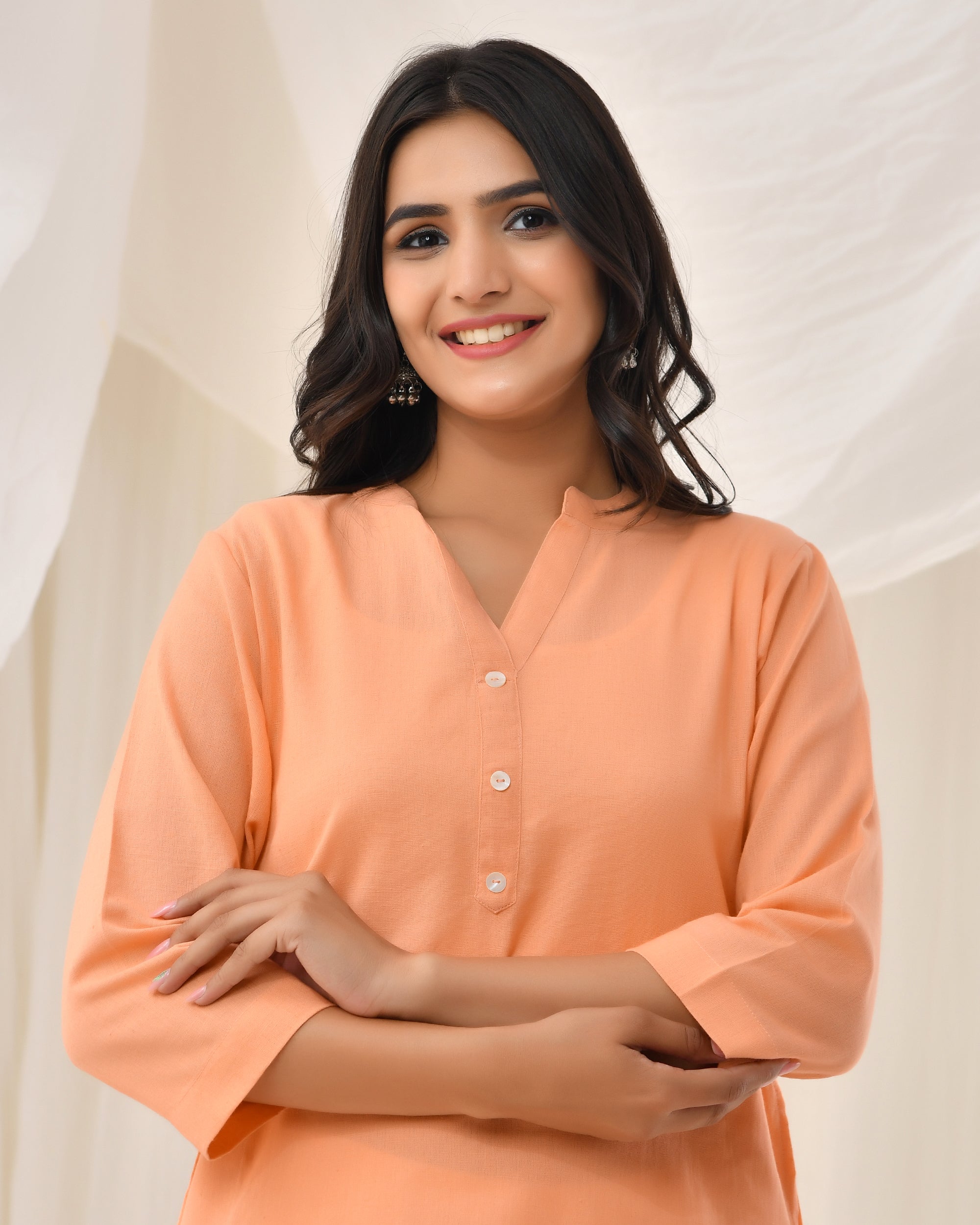 Peach Airy Linen Long Kurta