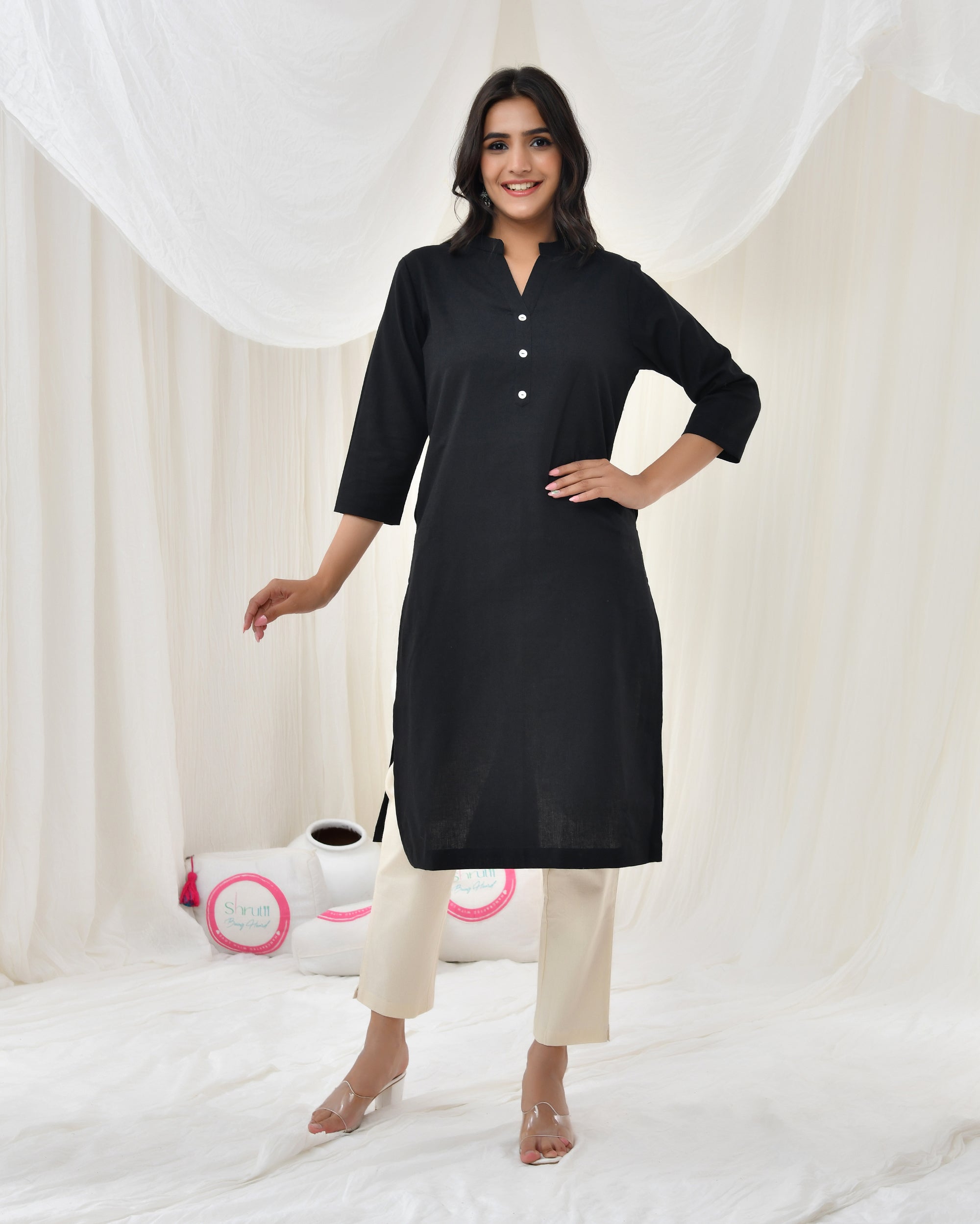 Kohl Black Airy Linen Long Kurta